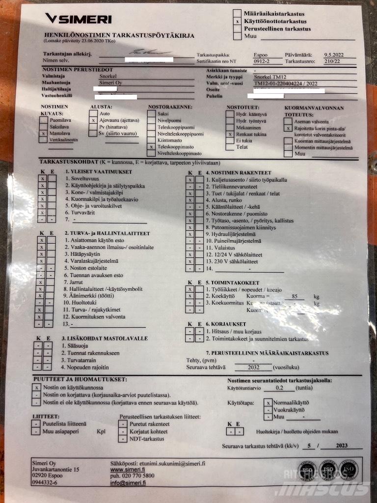 Snorkel TM 12 Вертикальні щоглові підйомники