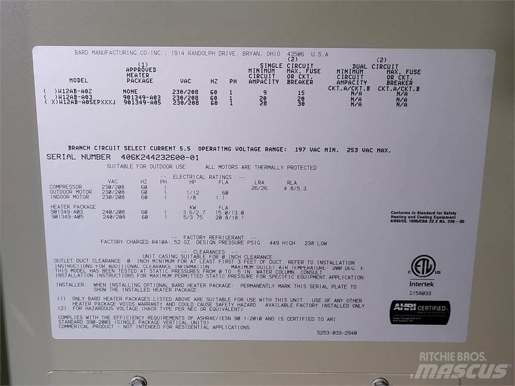  BARD W12AB-A05EPXXXJ Обладнання для прогріву і розморожування
